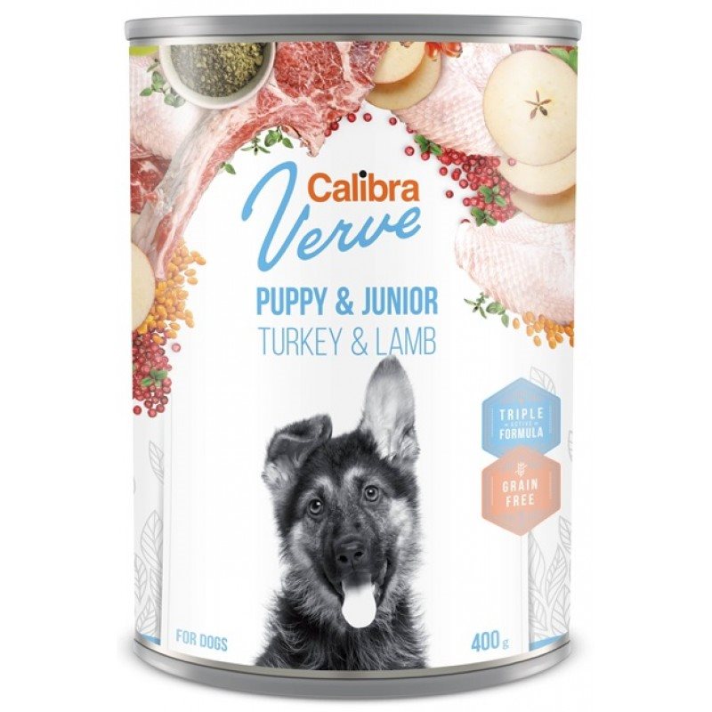 Hrana umeda pentru caini Calibra Dog Verve GF can Puppy&Junior Turkey&Lamb 400g*6